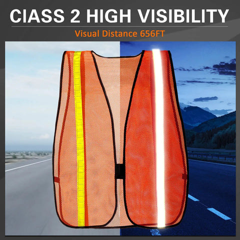 Neon Orange 20 Pack High Visibility Reflective Safety Vests With Lightweight Mesh Breathable Universal Size For Men Outdoor Work Construction Site Gear Reusable And Washable Day And Night Reflective Strips For Maximum Visibility shown on road background.