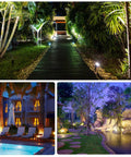 8 Pack Cool 5W Low Voltage Outdoor Landscape Lights 12V AC DC Waterproof COB LEDs 3000K Warm White in garden setting at night