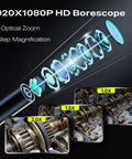 Boss HD Endoscope Camera With Light 1920P Borescope lens showing optical zoom and magnification examples at 1.0x, 1.5x, 2.0x.