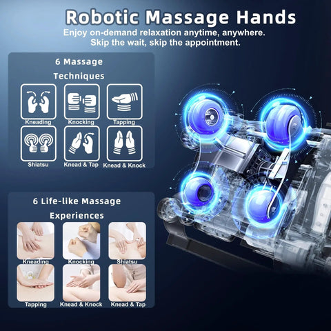 Robotic massage hands with 6 techniques on 4D Massage Chair For Home Relaxation With Full Body Zero Gravity Recliner And 55 Inch SL Track Body Scan 12 Auto Modes Heat Bluetooth App Control Wireless Charging A303C Black