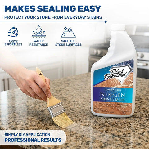 Applying Nex Gen Natural Stone Penetrating Sealer For Granite Marble Travertine Limestone Concrete Grout Tile Brick Slate Floors And Patios on granite surface with brush