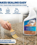 No Sweat Heavy Duty Natural Stone And Grout Penetrating Sealer For Granite Marble Concrete And Tile Floors Deep Water Oil And Grease Shield 4 Gallon being applied with a brush on granite countertop.