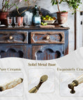 2 Pack Solid Marble Vein Ceramic Drawer Pulls 5 Inch Vintage Antique Brass Cabinet Handles on rustic dresser in kitchen.