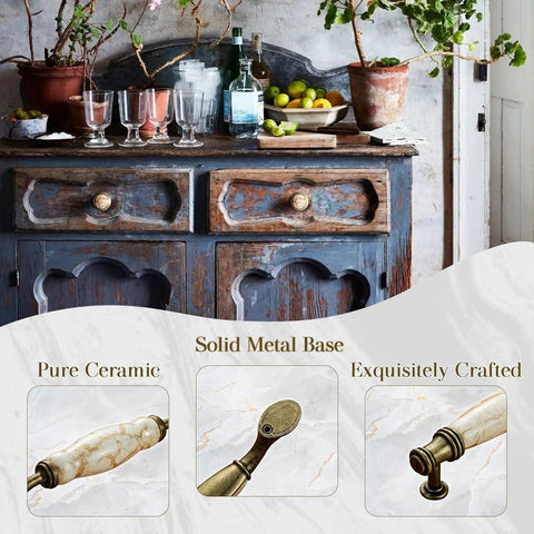 2 Pack Solid Marble Vein Ceramic Drawer Pulls 5 Inch Vintage Antique Brass Cabinet Handles on rustic dresser in kitchen.