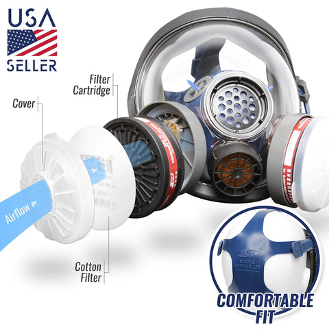 Full Face Organic Vapor Respirator With Anti Fog Shield, Protective Eye And Nose Guard, Heavy Duty Lens, Adjustable Straps