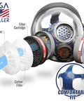 Replaceable Filter Cartridges Set For 80mm Full Face Masks, showing exploded view with dual filters, carbon cartridges, and cotton filters