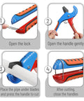 Four-step guide using Pro Grade PEX Pipe Cutter For One Eighth To One And Five Eighths Inch Tubing, Clean Burr Free Cuts.
