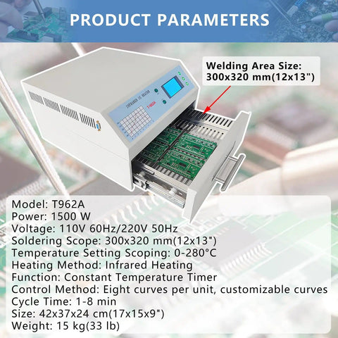 Automatic Infrared And Hot Air Reflow Oven For PCBs showing 12x13 inch heating zone with pull-out design