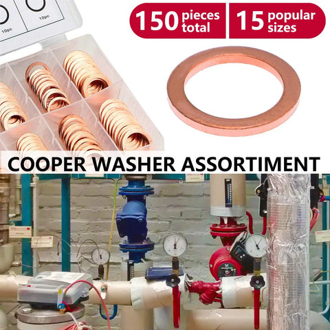 Copper Washer Set With 150 Pieces In 15 Sizes M5 To M17.5, Solid Sump Plug Crush Washers For Oil Drain, Water And Fuel Fittings