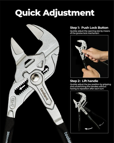 7-Inch Chrome Plated Pliers Wrench With CR-V Steel, anti-rust coating, smooth parallel jaws, rubber anti-slip grip, adjustment steps