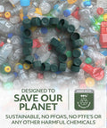 Image showcasing recycled plastic bottle caps arranged to emphasize sustainability, surrounded by various plastic bottles.