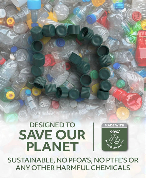 Image showcasing recycled plastic bottle caps arranged to emphasize sustainability, surrounded by various plastic bottles.