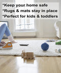 Woman and child in a living room with toys on a rug, showcasing Heavy Duty Double Sided Carpet Tape For Rugs And Carpets 2 Inch Wide By 10 Yards Long Stays Put And Grips Rug Corners And Keeps Rugs From Sliding On Carpet Hardwood Tile Or Laminate Floors.