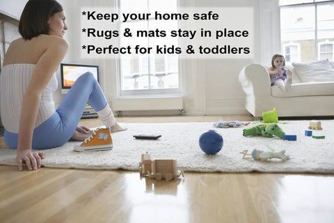 Woman and child in a living room with toys on a rug, showcasing Heavy Duty Double Sided Carpet Tape For Rugs And Carpets 2 Inch Wide By 10 Yards Long Stays Put And Grips Rug Corners And Keeps Rugs From Sliding On Carpet Hardwood Tile Or Laminate Floors.