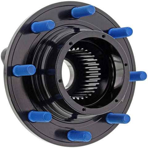Heavy Duty Front Wheel Bearing And Hub Assembly For 2005 2010 Ford F 250 F 350 Super Duty 4WD DRW close-up showing blue studs and gear.
