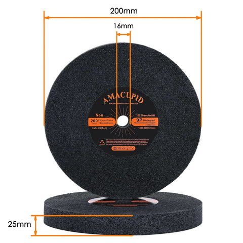 AmaCupid 8-inch nylon fiber deburring wheel, 5/8-inch arbor, 180 grit for bench grinder polishing (front/side views)