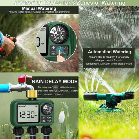 Outdoor Water Timer For Garden Hose With Auto Manual And Rain Delay Modes No Fuss 3 Zone Sprinkler Controller With Brass Inlet Easy Programmable Digital Timer For Yard Lawn Irrigation showing timer interface and water spraying