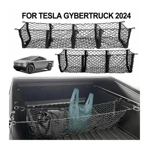 Three Pocket Trunk Cargo Net Made For Tesla Cybertruck 2024 Plus black mesh organizer holding bags in truck bed.