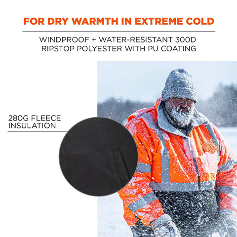 Man wearing high visibility reflective winter bomber jacket with zip out fleece liner windproof and water resistant 300D shell.
