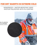 Man wearing High Visibility Reflective Winter Bomber Jacket With Zip Out Fleece Liner ANSI Compliant Black Bottom Boss Level Warmth In A Windproof Water Resistant 300D Ripstop Shell 280g Fleece Insulation For Cold Weather Up To Five Hours, standing in snow with fleece detail."