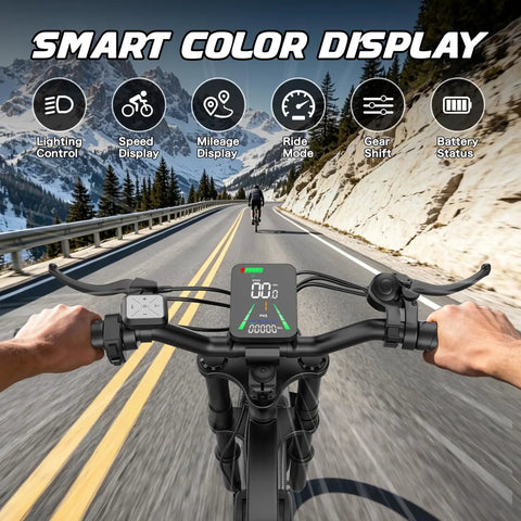 Powerful Askgo Electric Dirt Bike For Adults Teens With 2500W Peak Motor, 36 Mph Top Speed, 65 Mile Range, Dual Brake Off Road Ebike, Water Resistant Fat Tire All Terrain With NFC Unlock Technology handlebar smart color display with speed and battery icons