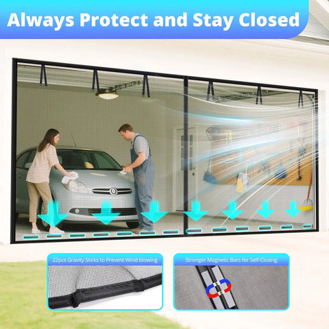 Magnetic Garage Door Screen 16x7 Ft With Retractable Fiberglass Mesh offering hands-free entry and insect protection