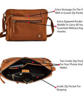 Top Shelf Genuine Leather Crossbody Bag for Women Small Soft Pebbled Nappa Cowhide Sling Shoulder Purse with Fully Adjustable Strap in Warm Cognac Shade with external and internal pockets.