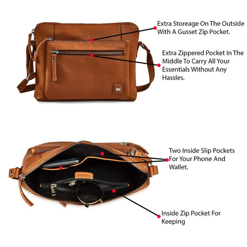 Top Shelf Genuine Leather Crossbody Bag for Women Small Soft Pebbled Nappa Cowhide Sling Shoulder Purse with Fully Adjustable Strap in Warm Cognac Shade with external and internal pockets.