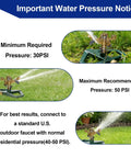 Impact Pulsating Lawn Sprinkler With Metal Base in operation, shown on grass with water spray and pressure guidelines, 5800 sq ft coverage.
