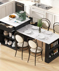 Badass Eighty Three Inch Waterproof Faux Marble Kitchen Cart With Integrated Power Hub Dual Side Rolling Drawers Ultimate Weekend Coffee Corner And Modern Dining Island Ready To Rock In Sharp Black with coffee machine and dining setup.