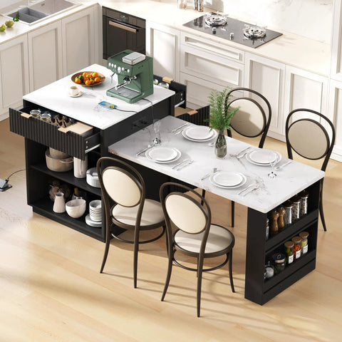 Badass Eighty Three Inch Waterproof Faux Marble Kitchen Cart With Integrated Power Hub Dual Side Rolling Drawers Ultimate Weekend Coffee Corner And Modern Dining Island Ready To Rock In Sharp Black with coffee machine and dining setup.