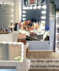 Hollywood Style LED Vanity Lights Kit With 14 Dimmable Bulbs And AC Adapter Stick On Makeup Lights shown on different mirror setups