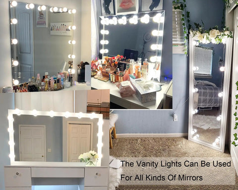 Hollywood Style LED Vanity Lights Kit With 14 Dimmable Bulbs And AC Adapter Stick On Makeup Lights shown on different mirror setups
