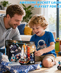Father and son opening Epic Space Shuttle Build Kit For Kids 6 7 8 9 10 11 12, with 885 pieces, STEM rocket toys.