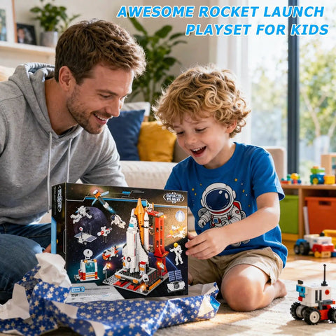 Father and son opening Epic Space Shuttle Build Kit For Kids 6 7 8 9 10 11 12, with 885 pieces, STEM rocket toys.