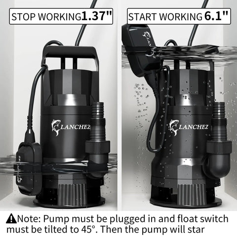 Beast 1.6 HP Submersible Sump Pump With Float Switch, 6000 GPH High Flow Water Pump submerged and in operation