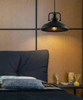 Black Pendant Light Set Of 3, 12.5 Inch Industrial Farmhouse Pendant Lighting in bedroom with wooden wall panel