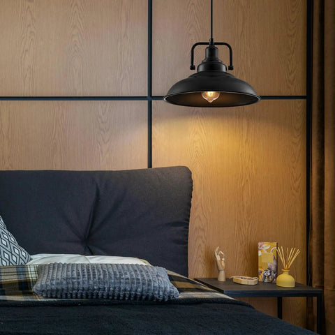 Black Pendant Light Set Of 3, 12.5 Inch Industrial Farmhouse Pendant Lighting in bedroom with wooden wall panel