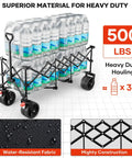 49 Inch Collapsible Heavy Duty Wagon With 500 Pound Capacity All Terrain Wheels Cup Holders Foldable Utility Cart For Grocery, Sports Gear, Tools And Garden, Built With Reinforced Steel Frame And Premium 600D Oxford Fabric, shown carrying water bottles.