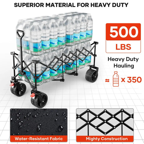 49 Inch Collapsible Heavy Duty Wagon With 500 Pound Capacity All Terrain Wheels Cup Holders Foldable Utility Cart For Grocery, Sports Gear, Tools And Garden, Built With Reinforced Steel Frame And Premium 600D Oxford Fabric, shown carrying water bottles.