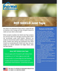 Promotional flyer for Rot Shield Joist Tape, highlighting waterproof benefits and use for wood decks, product details included.