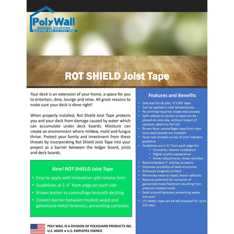 Promotional flyer for Rot Shield Joist Tape, highlighting waterproof benefits and use for wood decks, product details included.