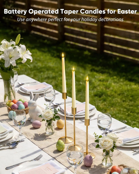 Elegant table setting with Green Striped Flameless Taper Candles With Remote Timer for Easter event, 9.6 inch candlesticks