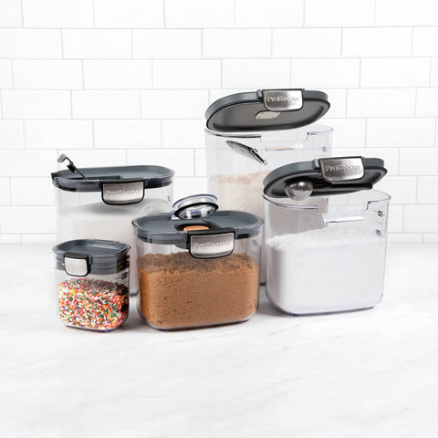 Clear Plastic Airtight Food Storage Canister Set For Flour And Sugar With Magnetic Accessories on countertop, Grey 9 Piece