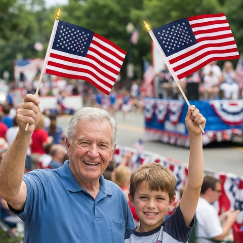 Adults and child holding flags from 12 Pack 8x12 Inch All American Flags On Sticks With Wood Poles And Kid Safe Spear Tops, parade in background.