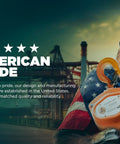 Gorilla holding Workhorse Heavy Duty Hand Chain Hoist, American pride text, USA flag backdrop, factory scene in background