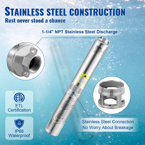Deep Well Submersible Pump 3HP 230V Heavy Duty 4-Inch Stainless Steel 37 GPM Flow 640 Ft Head Includes 33 Ft Cord IP68 Waterproof Grade For Industrial Irrigation And Home Use