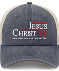 Low Profile Unstructured Trucker Hat For Men 6 Vent Embroidered Cap with 'Jesus Christ '24' slogan on dark fabric