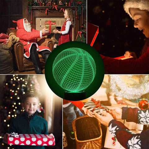 Basketball 3D Illusion Night Light Lamp With 16 Color Options in holiday setting with gifts, Acrylic Flat Base, ABS Stand