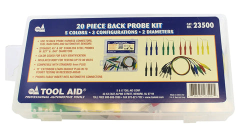Back Probe Kit With Color Coded Probes For Automotive Harnesses Fuel Injectors And Sensors packaging showing 20 pieces and features.